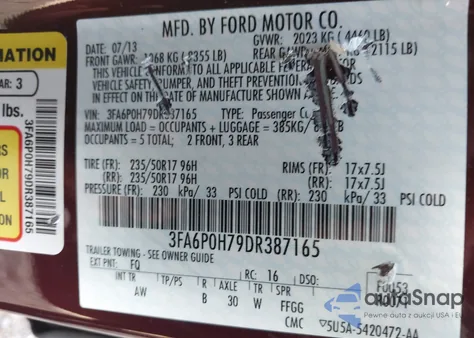 2013 Ford Fusion Se from USA, damaged, VIN 3FA6P0H79DR387165